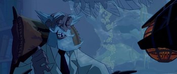 Movie still from “Atlantis: The Lost Empire” (2001), directed by Gary Trousdale – An animated picture of a man holding a football in his mouth; Close Up shot, Over the shoulder angle