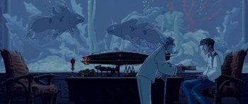 Movie still from “Atlantis: The Lost Empire” (2001), directed by Gary Trousdale – A scene from the animated film atlantis; Wide shot, Over the shoulder angle