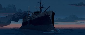 Movie still from “Atlantis: The Lost Empire” (2001), directed by Gary Trousdale – An illustration of a ship in the ocean at night; Extreme Wide shot, Low angle