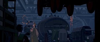 Movie still from “Atlantis: The Lost Empire” (2001), directed by Gary Trousdale – An animated scene of a man standing in front of a truck; Wide shot, Over the shoulder angle