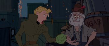 Movie still from “Atlantis: The Lost Empire” (2001), directed by Gary Trousdale – A man in a hat is handing a cabbage to an old man; Close Up shot, Over the shoulder angle