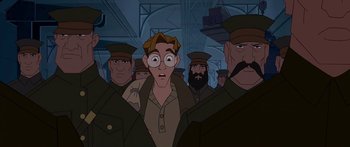 Movie still from “Atlantis: The Lost Empire” (2001), directed by Gary Trousdale – A group of men standing next to each other in uniform; Close Up shot, High angle