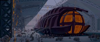 Movie still from “Atlantis: The Lost Empire” (2001), directed by Gary Trousdale – An illustration of a large ship in a warehouse; Extreme Wide shot, High angle