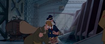 Movie still from “Atlantis: The Lost Empire” (2001), directed by Gary Trousdale – Two cartoon characters in the middle of an animated scene; Wide shot, Low angle