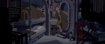 Movie still from “Atlantis: The Lost Empire” (2001), directed by Gary Trousdale – A cartoon of a man standing in front of a mirror; Wide shot, High angle