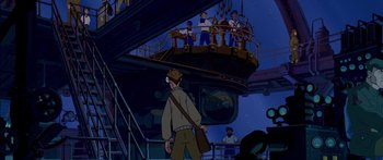 Movie still from “Atlantis: The Lost Empire” (2001), directed by Gary Trousdale – A man standing on a boat in the ocean; Wide shot, High angle