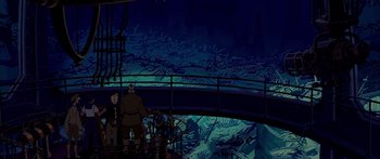 Movie still from “Atlantis: The Lost Empire” (2001), directed by Gary Trousdale – Two people standing on a bridge at night time; Wide shot, High angle