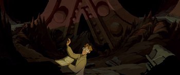 Movie still from “Atlantis: The Lost Empire” (2001), directed by Gary Trousdale – An animated man is holding a paper in his hand; Wide shot, High angle
