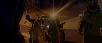 Movie still from “Atlantis: The Lost Empire” (2001), directed by Gary Trousdale – A couple of people standing next to each other in front of a car; Wide shot, High angle