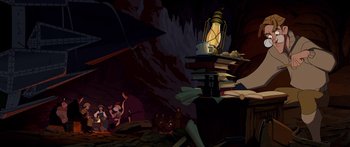 Movie still from “Atlantis: The Lost Empire” (2001), directed by Gary Trousdale – An animated scene of a pile of books and a lantern; Wide shot, High angle