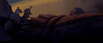 Movie still from “Atlantis: The Lost Empire” (2001), directed by Gary Trousdale – A painting of a man running on a cliff; Wide shot, Low angle