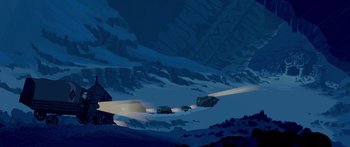 Movie still from “Atlantis: The Lost Empire” (2001), directed by Gary Trousdale – An illustration of a snowy hill with a car on it; Extreme Wide shot, Low angle