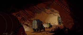 Movie still from “Atlantis: The Lost Empire” (2001), directed by Gary Trousdale – An animated scene shows a truck and a car in a cave; Extreme Wide shot, Low angle