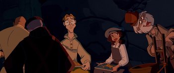 Movie still from “Atlantis: The Lost Empire” (2001), directed by Gary Trousdale – A man and a woman are sitting next to each other holding chopsticks; Medium shot, High angle