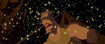 Movie still from “Atlantis: The Lost Empire” (2001), directed by Gary Trousdale – An animated picture of a man in a field; Medium shot, Low angle