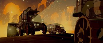 Movie still from “Atlantis: The Lost Empire” (2001), directed by Gary Trousdale – An old truck is pulling a trailer in the middle of the night; Extreme Wide shot, Low angle