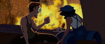Movie still from “Atlantis: The Lost Empire” (2001), directed by Gary Trousdale – A couple of people that are in front of a fire; Medium shot, Over the shoulder angle
