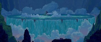 Movie still from “Atlantis: The Lost Empire” (2001), directed by Gary Trousdale – An illustration of the ocean with a bunch of waves crashing on it; Extreme Wide shot, High angle
