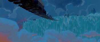 Movie still from “Atlantis: The Lost Empire” (2001), directed by Gary Trousdale – An animated scene of a waterfall and a bridge; Extreme Wide shot, Low angle