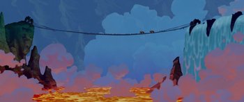 Movie still from “Atlantis: The Lost Empire” (2001), directed by Gary Trousdale – An illustration of cars on a bridge over a river; Extreme Wide shot, High angle