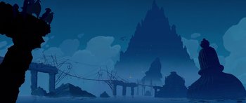 Movie still from “Atlantis: The Lost Empire” (2001), directed by Gary Trousdale – An illustration of a bridge in the middle of the night; Extreme Wide shot, Low angle