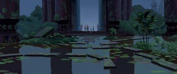 Movie still from “Atlantis: The Lost Empire” (2001), directed by Gary Trousdale – A group of people standing in front of large pillars; Extreme Wide shot, High angle