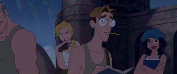 Movie still from “Atlantis: The Lost Empire” (2001), directed by Gary Trousdale – A man and a woman are standing next to each other in front of a building; Close Up shot, Over the shoulder angle