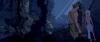 Movie still from “Atlantis: The Lost Empire” (2001), directed by Gary Trousdale – An image of a man standing in the middle of a jungle; Wide shot, Low angle