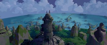 Movie still from “Atlantis: The Lost Empire” (2001), directed by Gary Trousdale – Two people standing on top of a rock formation; Extreme Wide shot, High angle