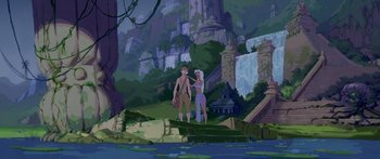 Movie still from “Atlantis: The Lost Empire” (2001), directed by Gary Trousdale – An animated scene of a man and a woman in the woods; Wide shot, Low angle