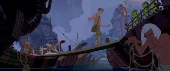 Movie still from “Atlantis: The Lost Empire” (2001), directed by Gary Trousdale – An animated scene of a man standing on a bridge; Wide shot, Low angle