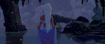 Movie still from “Atlantis: The Lost Empire” (2001), directed by Gary Trousdale – A woman standing in front of a body of water; Wide shot, Low angle