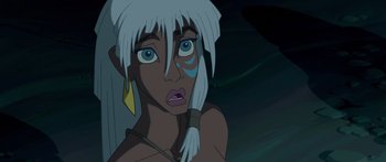 Movie still from “Atlantis: The Lost Empire” (2001), directed by Gary Trousdale – An animated woman with white hair and blue eyes; Close Up shot, High angle