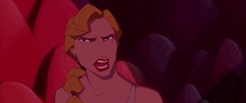 Movie still from “Atlantis: The Lost Empire” (2001), directed by Gary Trousdale – An animated picture of a woman in a red dress; Close Up shot, Over the shoulder angle