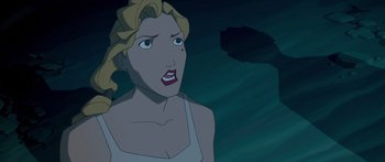 Movie still from “Atlantis: The Lost Empire” (2001), directed by Gary Trousdale – A woman with blonde hair is looking at the camera; Close Up shot, High angle