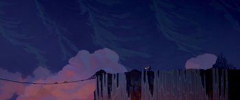 Movie still from “Atlantis: The Lost Empire” (2001), directed by Gary Trousdale – A painting of a person climbing a cliff; Extreme Wide shot, Low angle