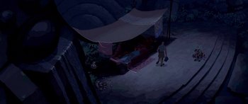 Movie still from “Atlantis: The Lost Empire” (2001), directed by Gary Trousdale – A painting of a man standing in front of a tent; Extreme Wide shot, High angle