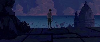 Movie still from “Atlantis: The Lost Empire” (2001), directed by Gary Trousdale – A man standing on top of a rock near the ocean; Extreme Wide shot, High angle