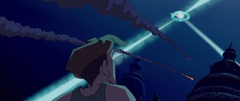 Movie still from “Atlantis: The Lost Empire” (2001), directed by Gary Trousdale – A man is looking up at the sky at night; Medium shot, Low angle
