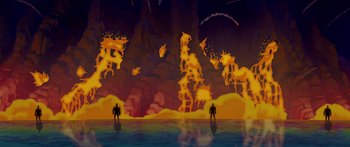 Movie still from “Atlantis: The Lost Empire” (2001), directed by Gary Trousdale – Two people are standing in front of an erupting volcano; Extreme Wide shot, Low angle