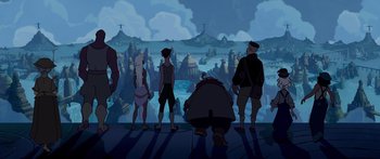 Movie still from “Atlantis: The Lost Empire” (2001), directed by Gary Trousdale – A group of people standing in front of an animated scene; Extreme Wide shot, Low angle