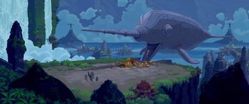 Movie still from “Atlantis: The Lost Empire” (2001), directed by Gary Trousdale – An illustration of a giant whale in the middle of the ocean; Extreme Wide shot, Low angle