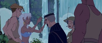 Movie still from “Atlantis: The Lost Empire” (2001), directed by Gary Trousdale – An animated scene of a man getting his hair cut; Close Up shot, Over the shoulder angle