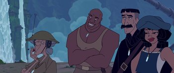 Movie still from “Atlantis: The Lost Empire” (2001), directed by Gary Trousdale – A group of men standing next to each other; Medium shot, Over the shoulder angle