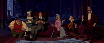 Movie still from “Atlantis: The Lost Empire” (2001), directed by Gary Trousdale – A group of people sitting on couches in a room; Wide shot, High angle