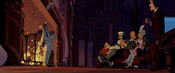 Movie still from “Atlantis: The Lost Empire” (2001), directed by Gary Trousdale – A group of people sitting in a room with a book shelf; Wide shot, High angle