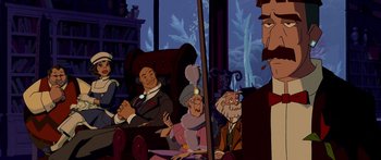 Movie still from “Atlantis: The Lost Empire” (2001), directed by Gary Trousdale – A group of people sitting in a room; Medium shot, Low angle