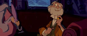 Movie still from “Atlantis: The Lost Empire” (2001), directed by Gary Trousdale – An old man with a long white beard holding an object; Medium shot, Over the shoulder angle