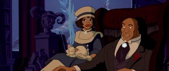 Movie still from “Atlantis: The Lost Empire” (2001), directed by Gary Trousdale – An animated picture of a woman holding a cat; Medium shot, High angle
