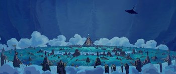 Movie still from “Atlantis: The Lost Empire” (2001), directed by Gary Trousdale – An illustration of an island in the middle of the ocean; Extreme Wide shot, High angle